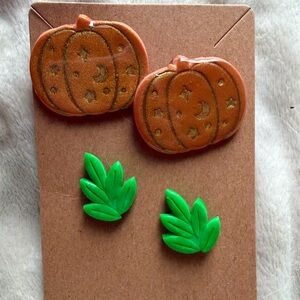Pumpkin and Leaf Kids Handmade Polymer Clay Earrings